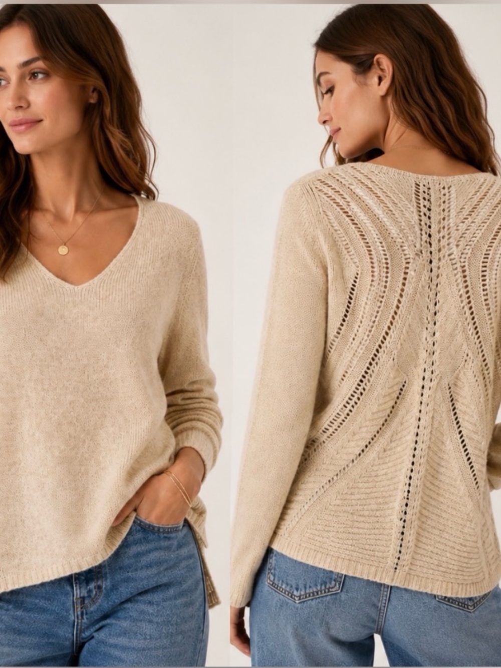 White + Warren Oatmeal Cotton V-Neck Sweater Open Knit Detail Size M